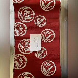 Vintage Japanese Nagoya Obi – Red & White Floral Crest Motif – 1960s #335